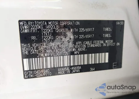 2020 Toyota Rav4 Hybrid Le из США, поврежденный, VIN JTMLWRFV1LD071725